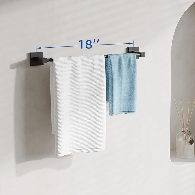 RUACQ Black Towel Bar 18 inch, 304 Stainless Steel Towel Racks for Bathroom Wall Mounted, Heavy Duty Bath Towel Rod with Square Base(Matte Black)