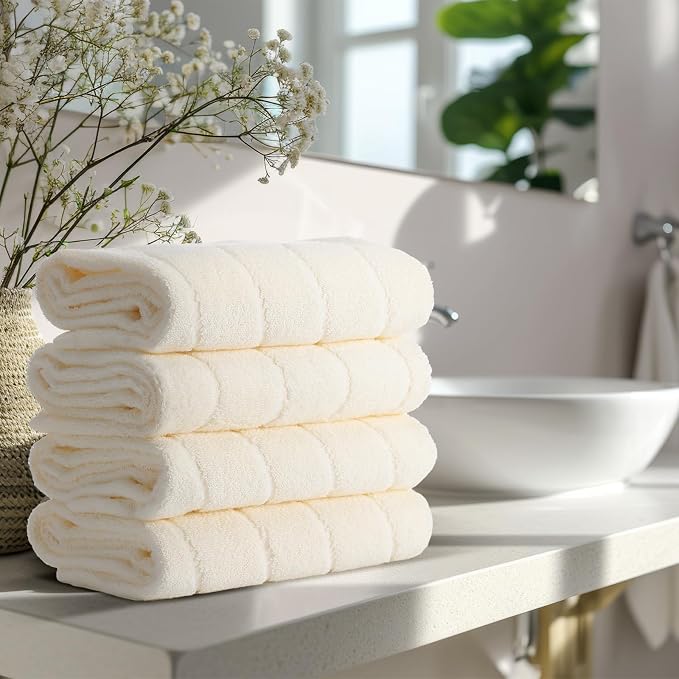 VitalCozy 4 Pcs Cream Color Hand Towels for Bathroom Wavy Striped Jacquard Decorative Towels 14x29 Inch 100% Cotton Soft Absorbent Boho Bathroom Decor for Kitchen Gift for Festival
