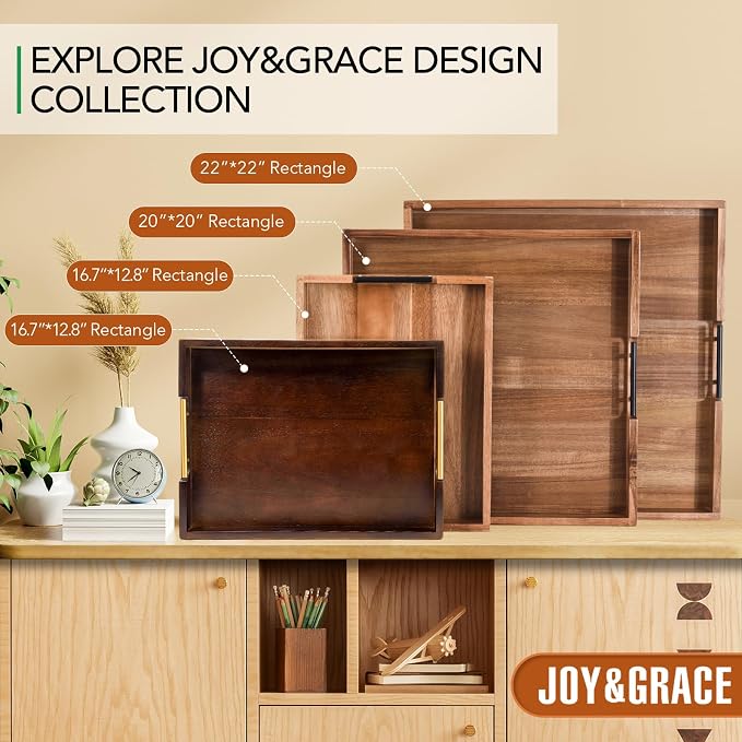 Joy&Grace Ottoman Tray for Living Room Large Acacia Wooden Serving Tray with Handles for Coffee Table, Breakfast in Bed, Food Dinner, Decorative Tray (Color Natural, 22" x 22" x 2")