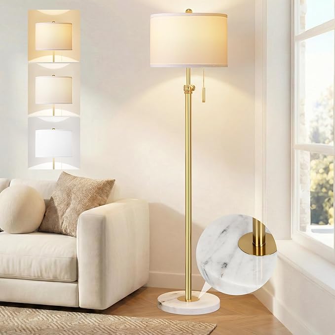 PARTPHONER Floor Lamp for Living Room, 66'' Adjustable Height Standing Lamp with Marble Base, 3-Color Tall Lamps with Pull Chain, Suitable for Bedroom, Reading, Office (Bulb Included, White Shade)