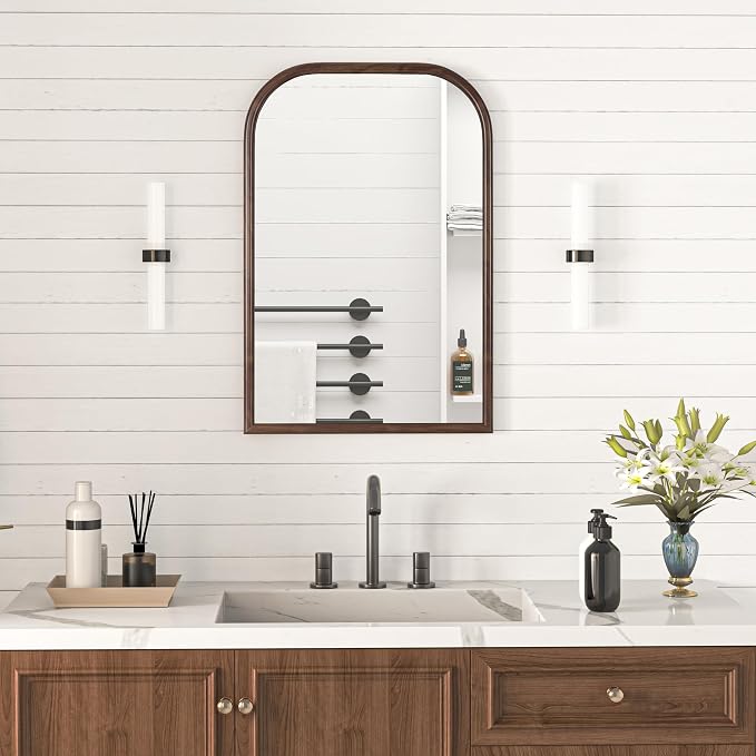 20"x30" Arch Wall Mirror Bathroom Mirror for Wall Mounted, Tempered Glass, Wood Grain Finish Frame Wall Mirror Decorative for Bedroom Living Room Entryway, Rustic Brown