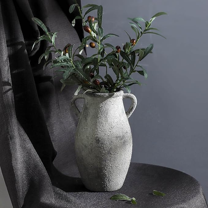 Ceramic Rustic Vase with Handle,11.3 inch Vintage Vase for Home Decor - Tall Farmhouse Flower Vase with 2 Handles, Living Room Entryway Table Centerpiece Decor