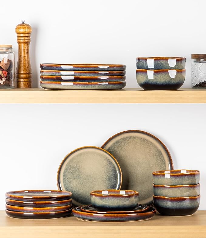 TheTerra Ceramic Dinnerware Sets for 8, 24 Pieces Porcelain Lightweight Plates and Bowls Sets, Scratch Resistant Dish Set, Oven & Microwave & Dishwasher Safe, Coffee Bean