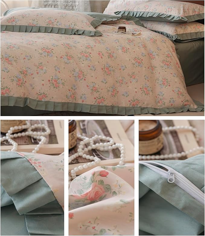 Pink Blue Flower Duvet Cover Set King 100% Cotton Romantic Floral Bedding Set with Green Ruffles Girls Botanical Floral Comforter Cover Princess Bedding Lace Duvet Cover King with Zipper Closure