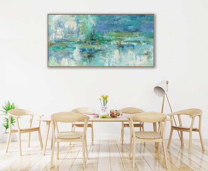 VEAEE Framed Abstract Wall Art - Teal Turquoise Green Colorful Modern Canvas Pictures, Living Room Wall Decor, Contemporary Landscape Painting Prints for Bedroom Bathroom Office Decor 24" x 48"