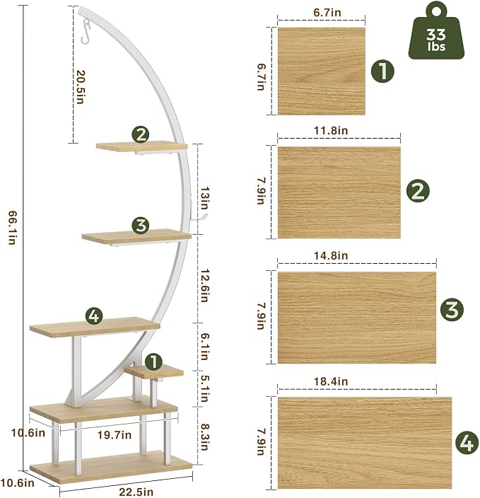 GREENSTELL Plant Stand Indoor with Grow Lights, 7-Tiered Tall Metal Plant Stand for Indoor Plants, Half-Moon Shape Display Shelf for Home,Living Room, Patio, White (1 Pack)
