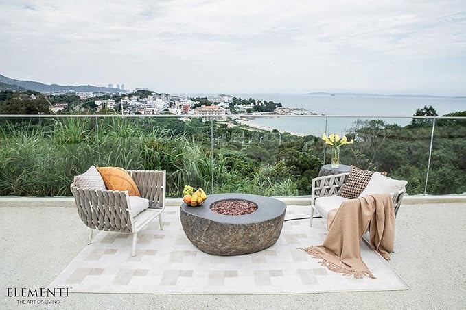 Elementi | Bundle Boulder Gas Fire Pit Cast Concrete Semi-Round Fire Table, Outdoor Fire Pit Electronic Ignition | Canvas Cover, Lava Rock Included | Natural Gas