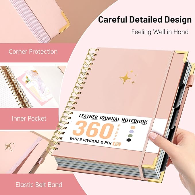 FLYING EAGLE Leather Spiral Notebooks for Work 5 Subject Notebook College Ruled with Dividers Pen, 360 Pages B5 Hardcover Lined Journals for Women Men Writing,Pink