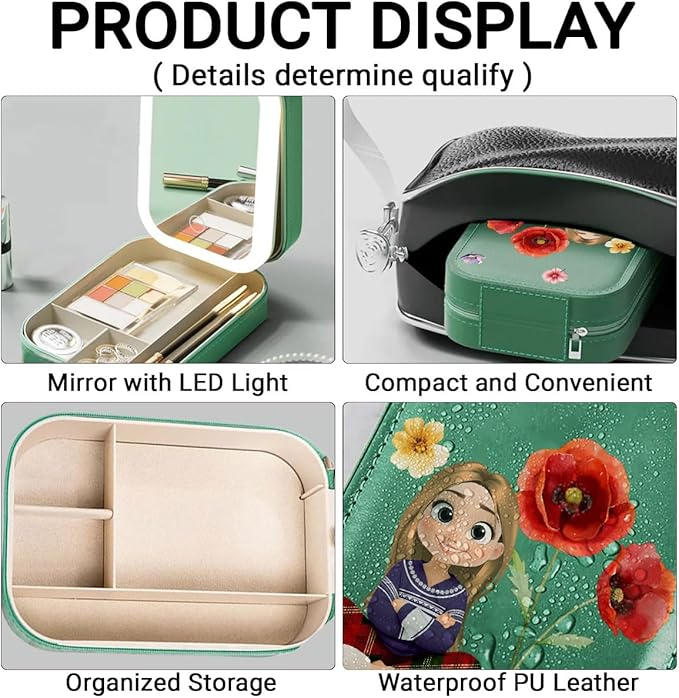 Wrappiness Girls & Women Lovely Makeup Box With LED Mirror - Personalized Jewelry Box Organizer Portable Ideal for Travel, Gift for Daughters Sisters Friends (Birth Month Flower, Teen Girls)