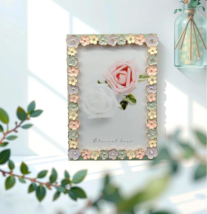 5X7 Wedding Picture Frame with Enamel Finis Glass Front - Ornate Antique Colorful Flowers Metal Photo Frame Tabletop/Wall Display Gifts for Women Photo Frame Tabletop/Wall Vintage