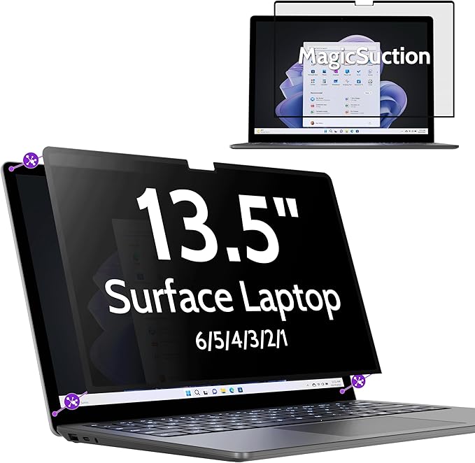 Peslv Privacy Screen for 13.5 Inch Surface Laptop 6/5/4/3/2/1, MagicSuction™ Removable Anti Spy Black Protector, Glare Blue Light Filter for Microsoft Laptop Computer Monitor