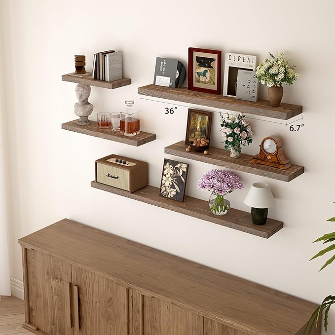 BGMG 36 inch Walnut Floating Shelves for Wall Set of 2, Solid Real Wood Rustic Mount Shelves for Living Room Bedroom Kitchen Farmhouse with Sturdy Hidden Bracket-36x 6.7 inch