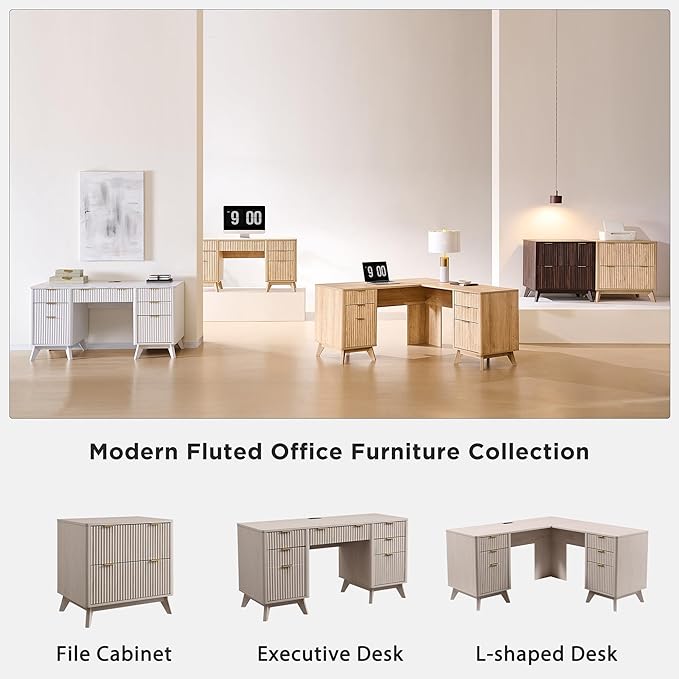 T4TREAM Fluted Executive Desk with Drawers, 60" Modern Home Office Computer Desk with Charging Station, File Cabinet, Keyboard Tray and Storage Cabinet for Study, Living Room, Bedroom, Alder White