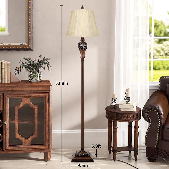 Vintage Floor Lamp for Living Room Traditional Farmhouse Tall Standing Lamp Mid-century Antique Bedroom Pole Lamp with Bell Shape Faux Silk Shade Elegant Rustic Bright Lighting for Reading Home Decor