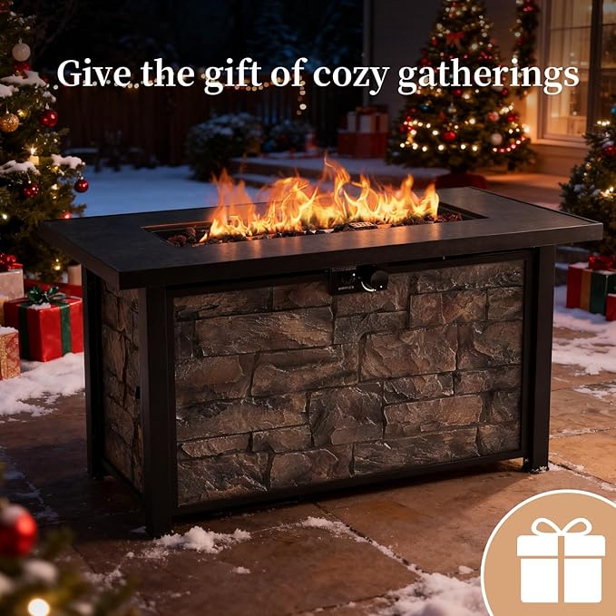 48'' Propane Fire Pit Table, 50000 BTU Outdoor Gas Fire Pit, with Stone Panel, Ceramic Tabletop & Aluminum-Coated Steel Tube Legs, Lava Rocks, Metal Lid and Rain Cover for Outside Patio