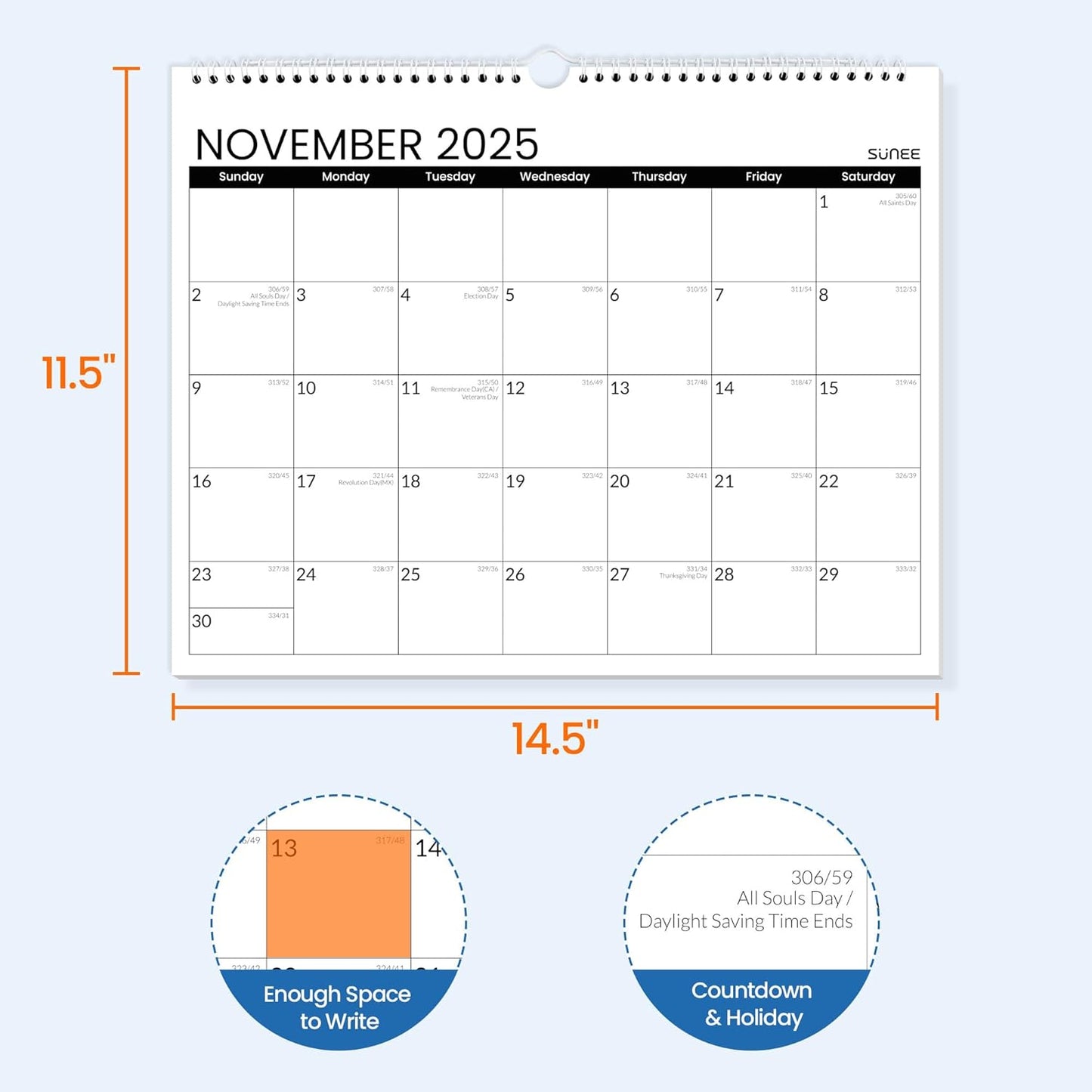 SUNEE 2026 Wall Calendar - 18 Months Big Grid Organizer | Thick Paper, 14.5"x11.5", Black