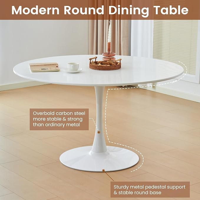Round Dining Tulip Table for 4, Mid-Century Modern Table with Sturdy Metal Pedestal for Kitchen, Bistro, Cafe, Leisure (White, 43.5 INCH)