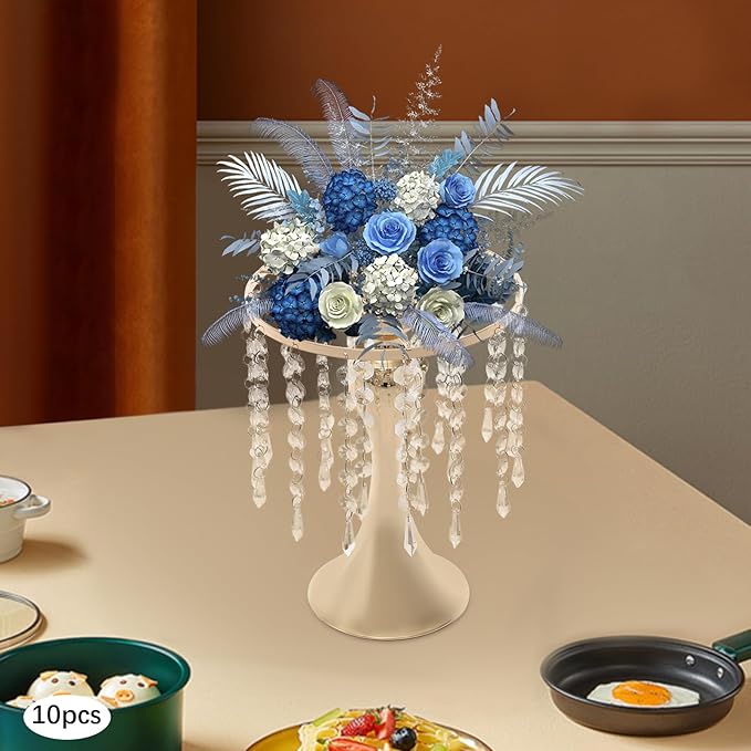 10 Pcs Glam Crystal Flower Stands, Wedding Reception Decorations with Sparkling Crystal Beads Table Center Display Flower Arrangement Flower Stand Metal Vase for Event Decor (Gold, Height:10.23in)