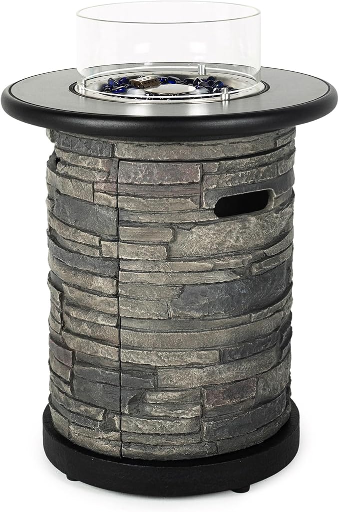 BAIDE HOME Outdoor Propane Fire Pit Table, Round Porcelain Tile Top 22" Fire Bowl Column W/ 40,000 BTU Firepit Table Auto-Ignition 400D Cover Glass Rocks for Outside Patio