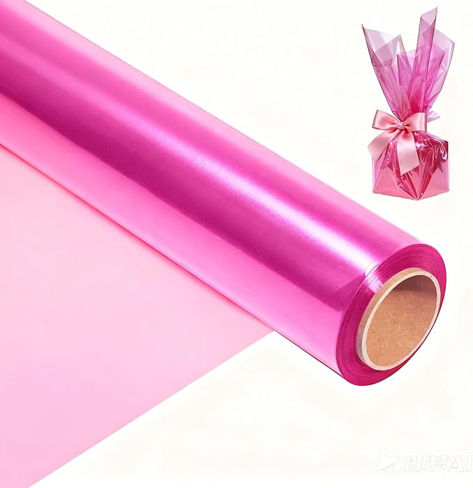 200 ft Pink Cellophane Wrap Roll (16 In x 200 Feet) - 2.5 Mil Thick for Gift Baskets, Bouquets, Party Decorations