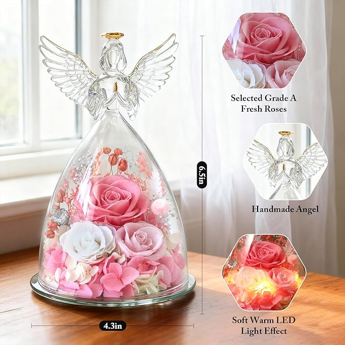 Christmas Roses Gifts for Mom,Preserved Real Flowers Roses in Glass Angel Figurines, for Grandma Women Mom Wife Mother in Law/Pink