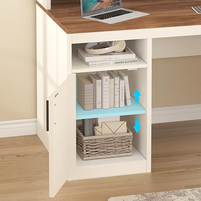 65 Inch Computer Desk with 3 Drawers & Storage Shelves, Executive Desk with File Drawer & Cabinet, Home Office Desk with Long Monitor Stand & Printer Shelf, Antique White