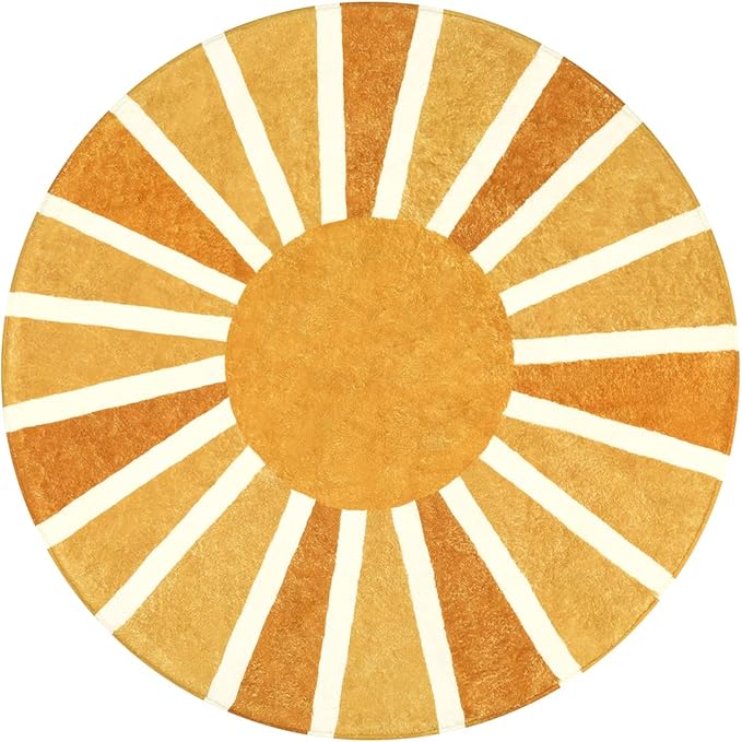 Lahome Sun Round Rug: 3ft Washable & Non-Slip Distressed Boho Rainbow Sun Print for Nursery, Bedroom, Bathroom, Living Room, Entryway & Accent Sofa