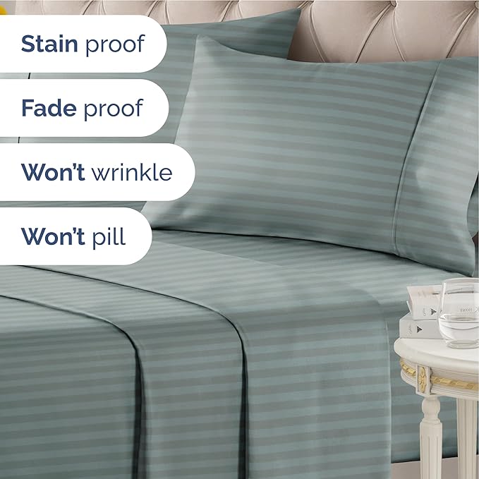 Striped Sheets - Green Striped Sheets - 1 Flat & 1 Fitted & 2 Pillowcases w/ Deep Pockets – Comfy, Wrinkle & Fade Free - Ultra-Soft, Breathable & Cooling – Luxury Pinstripe Bedding - King Size Bed Set