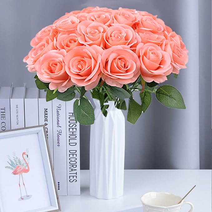 Artificial Rose Flower Artificial Flowers Flower with Long Stem Silk Roses Bouquet for Wedding Bridal Shower Party Home Decoration (Coral Peach, 12 Pcs)