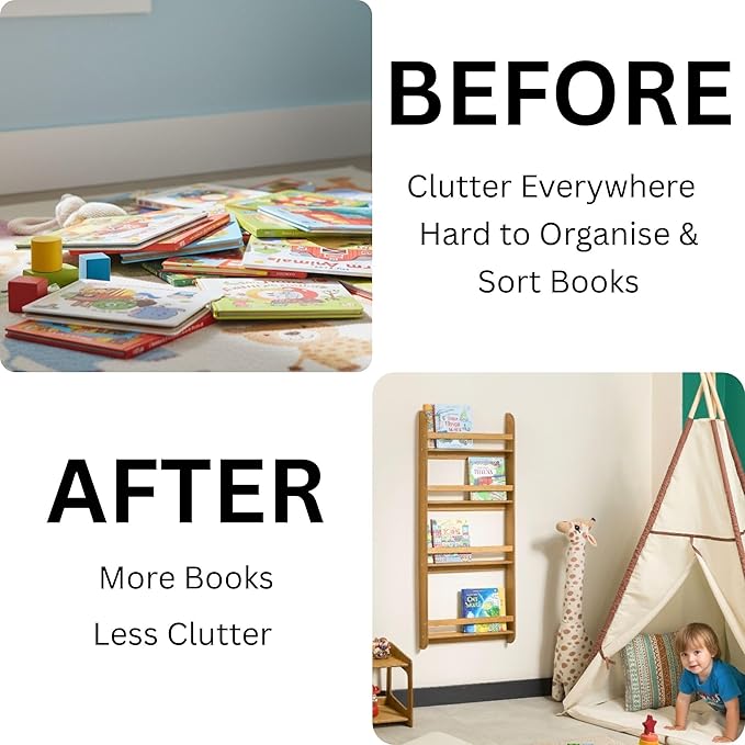 Montessori Wall-Mounted Bookshelf for Toddlers Toy Storage Shelf Organizer for Playroom and Classroom Floor Bookshelves for Kids Room (Oak, L, 4)