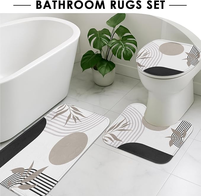 Boho Mid Century Shower Curtain Set with Toilet Lid Cover and Non-Slip Rugs, Abstract Geometric Vintage Grey 4 Pcs Modern Minimalist Shower Curtain for Bathroom Set with 12 Hooks