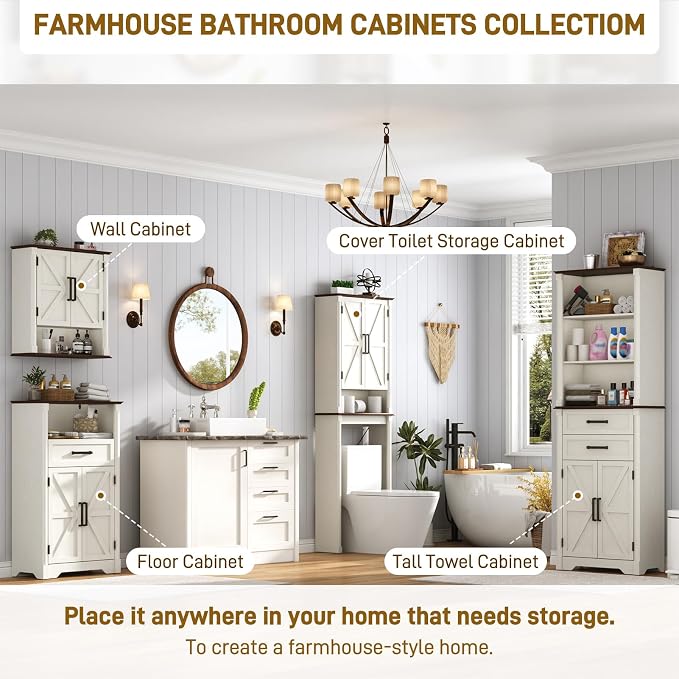 jiteentarou Farmhouse Bathroom Storage Cabinet,Over The Toilet Storage Cabinet with Roman Column Decor,Tall Over The Toilet Shelf with Barn Doors,Over Toilet Bathroom Organizer(Rustic White)