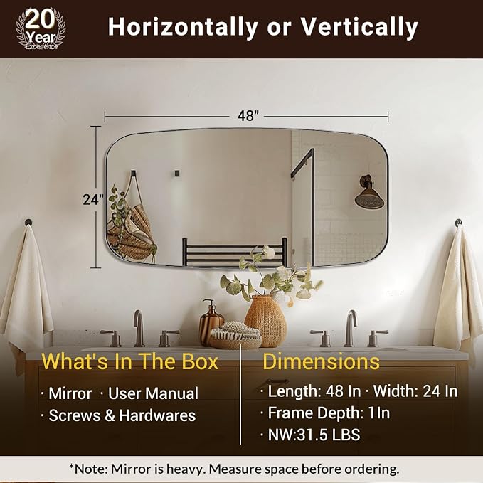 ANDY STAR 24x48 Chrome Bathroom Mirror, Oblong Silver Mirror with Stainless Steel Metal Frame, Oval Vanity Mirror for Over Sink, Modern Anti Rust Wall Mounted
