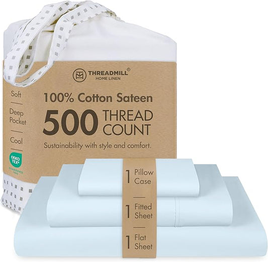 Threadmill Cotton Twin XL Sheets Set, Soft 100% Cotton, Cooling Bed Sheets with Deep Pocket Snug Fit Elastic, 500 Thread Count, 3-Pc, Hotel Quality Bed Sheets, Beats Egyptian Cotton Claim, Light Blue