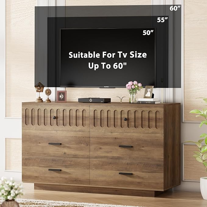 IBF Farmhouse Dresser for Bedroom Modern 6 Drawer Dresser Fluted Chest of Drawers Large Wood Closet Dressers with Anti-Tipping Design for Bedroom, Living Room, Hallway, Entryway, Nursery, Rustic Oak