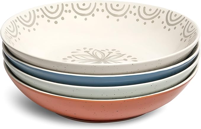 Sango 4-Piece Speckled Stoneware Pasta Bowl Set- Wide Shallow Dinner Bowls with Hand-Painted Rustic Design, Farmhouse Glossy Large Ceramic Bowls for Pasta, Salad & Everyday Meal, Siterra Glazed Garden