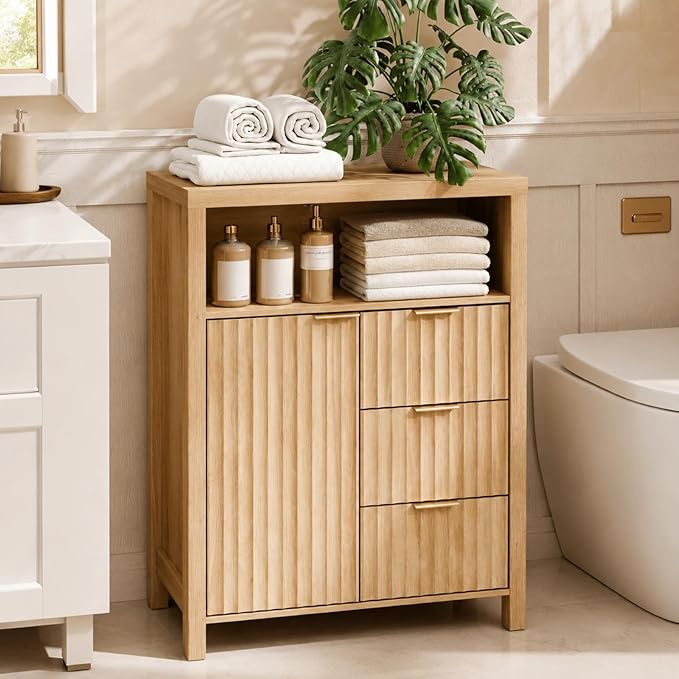 VINGLI Bathroom Storage Cabinet with 3 Drawers & Door, Slim Freestanding Floor Cabinet Organizer for Small Spaces, 30mm Thick-Look Top & Legs, Adjustable Shelf, Modern Fluted Cabinet, Natural Oak