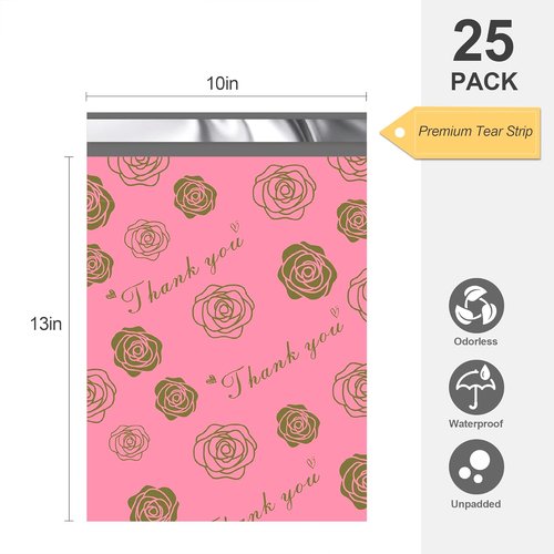 JinRuiKJ Thank You Poly Mailers - Strong Self-Adhesive Shipping Bags | 10x13 Size, 25 Pack, Gold Rose Design