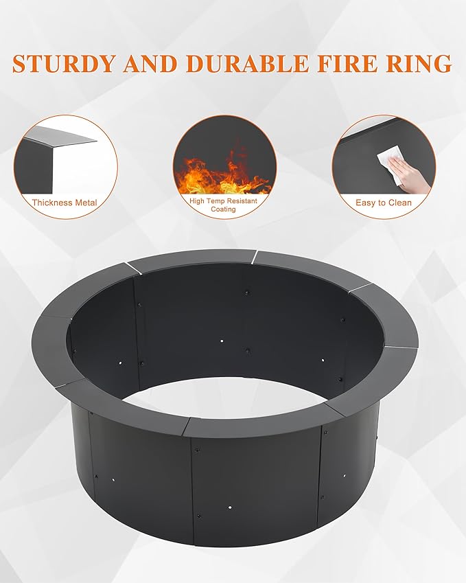BPS 36 Inch Fire Pit Ring, Heavy Duty Metal Round Fire Pit for Outdoor DIY Wood Burning, Backyard, Camping, Patio Bonfire