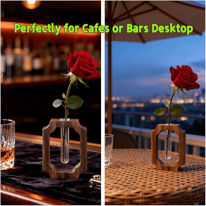 Solid Wood Frame Glass Tube Vase for Home Office Desktop Decor for Presents, Single Rose/Bud Vase, Wooden Centerpiece Vase Table for Restaurant Cafes Hotel(Small, Classic, 1 Pack)