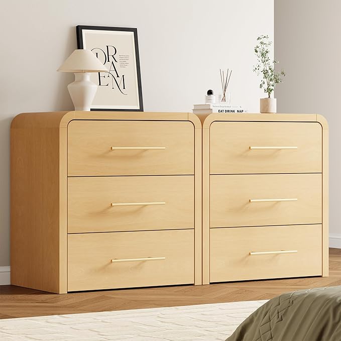 Curved 3-Drawer Nightstand Dresser Set of 2, 23.6'' Wide Modern Wood Bedside Tables with Long Metal Handles, Large Storage End Tables for Bedroom, Office, Natural Oak