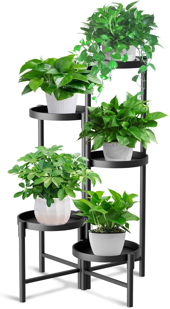 5 Tier Heavy Duty Metal Plant Stand for Indoor & Outdoor Use, Foldable Tall Corner Plant Shelf, Black Flower Pot Holder & Display Rack for Living Room, Balcony, Garden, & Patio