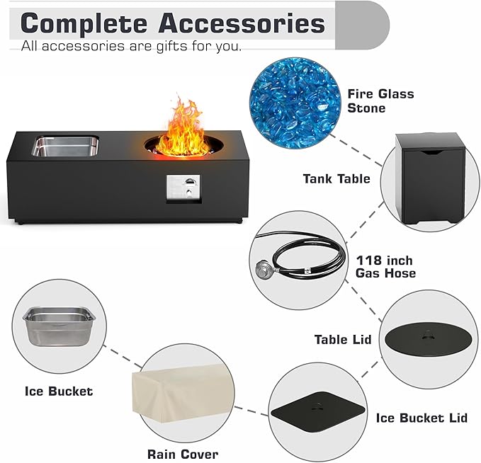 2-Piece 48" Rectangular Propane Fire Pit for Outside Patio with Hidden Tank Table & Ice Bucket, 50,000 BTU Fireplaces with Lid, Glass Rocks, Cover(Black w/Ice Bucket)