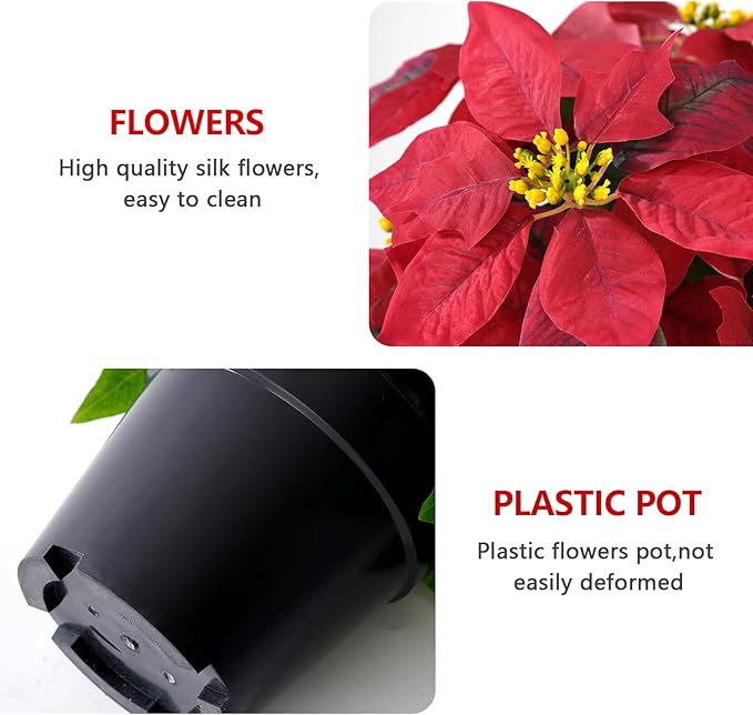 Poinsettia Artificial Red Christmas Flowers 14Inch Faux Poinsettia Plant Winter Flowers for Indoor Outdoor Xmas Ornament Porch Home Garden Decorations