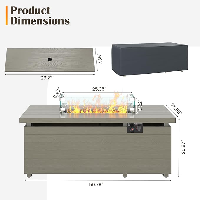 Sundale Outdoor 51 Inch Outdoor Fire Pit Table, 50,000BTU Rectangle Propane Fire Pit with Sliding Tank Holder, Glass Wind Guard, Dust Cover, Removable Lid, CSA Certified, Olive Green
