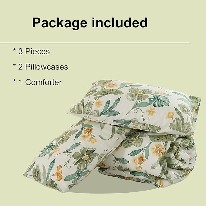 Bedding_Dreamer Green Floral Comforter Set Queen 100% Cotton Comforter Garden Style Bedding Flower Leaf Botanical Bed Chic Boho Home Decor