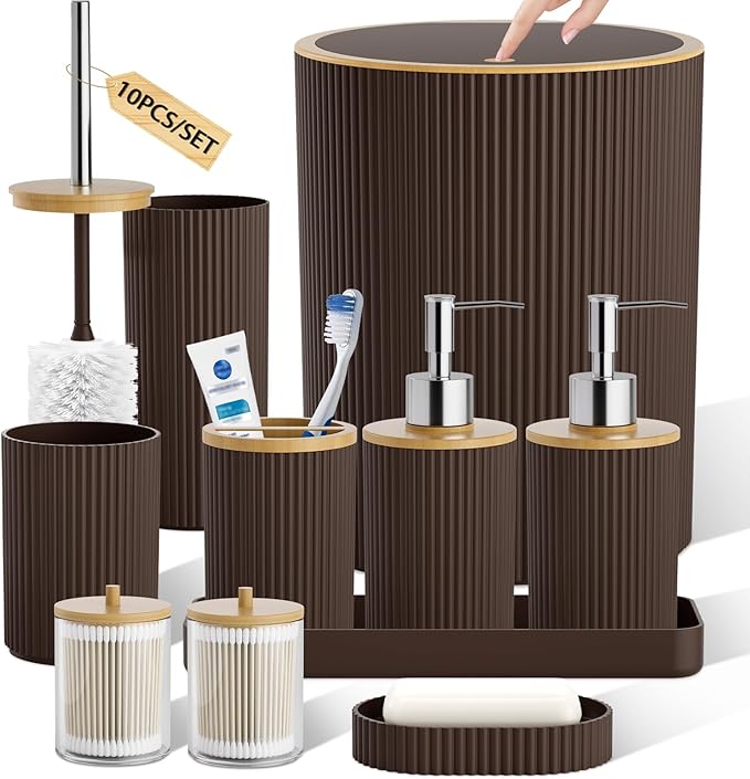10PC Bathroom Accessories Set - Brown and Wooden Bathroom Sets, Bathroom Accessory Set with Pop Up Trash Can, Toilet Brush, Trash Can, Qtip Holder & Soap Dispenser