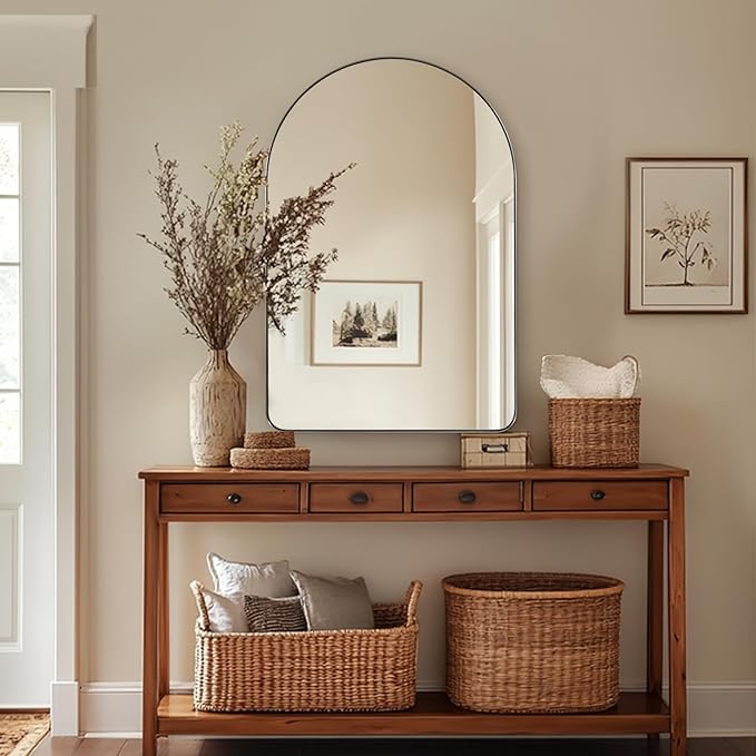 ANDY STAR Arched Mirror, 24 x 36 Inch Brushed Nickel Bathroom Mirror with Stainless Steel Metal Frame, Arch Top Rounded Corner 1 Inch Deep Set Design Wall Mount Hangs Vertical