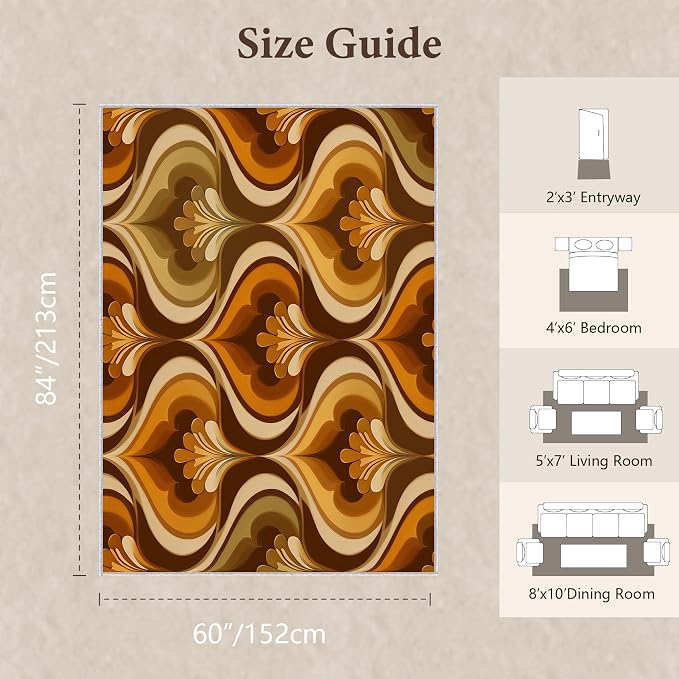 Retro 70s Area Rug 5x7, Mid Century Floral Geometric Rug, Burnt Orange Brown Vintage Carpet for Living Room Bedroom, Non-Slip Washable Area Rug