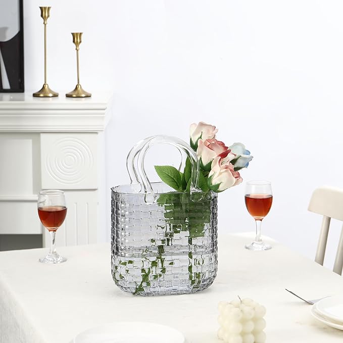 Glass Purse Vase, Purse Vase for Flowers, Black Purse Flower Vase, Wide Mouth Glass Bag Vases, 10 Inch Large Glass Vases, Handbag Shaped Vases for Home, Office Decor